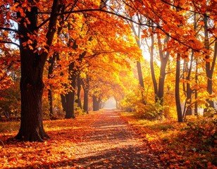 Autumnal path bathed in sunlight