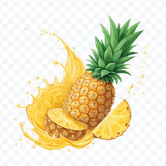 realistic delicious pineapple and slice with yellow juice splash in different style isolated on transparent background