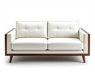 Obraz premium Off-white leather loveseat with dark wood frame, button-tufted cushions, mid-century modern style, shown against a white background