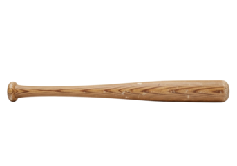 Classic light brown wooden baseball bat, well-used with scuffs and dirt, displaying natural wood grain on a matte finish, isolated on a transparent background with copy space. Concept of sports