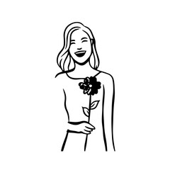 Black and white vector illustration of a beautiful woman holding a flower, minimal clean line art style
