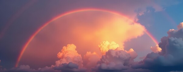 Double rainbow at sunset, layered clouds add depth and texture, depth, cumulus
