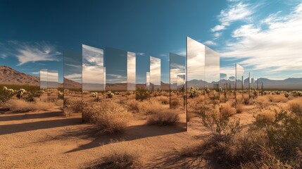 Striking artistic installation of large mirror panels reflecting a desert landscape with cacti and mountains, creating an illusion of fragmented reality