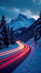 Dusk car light trails across snowy mountain pass, forest backdrop , cold, scenic