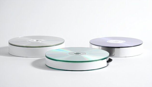 Three CDs/DVDs on white pedestals - Powered by Adobe