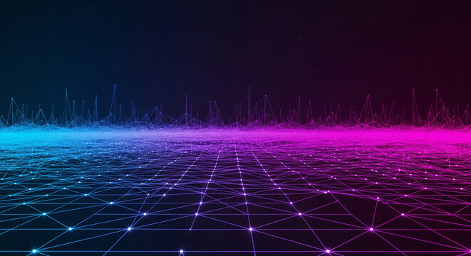 Digital cyberspace landscape with a glowing plexus grid background - Powered by Adobe