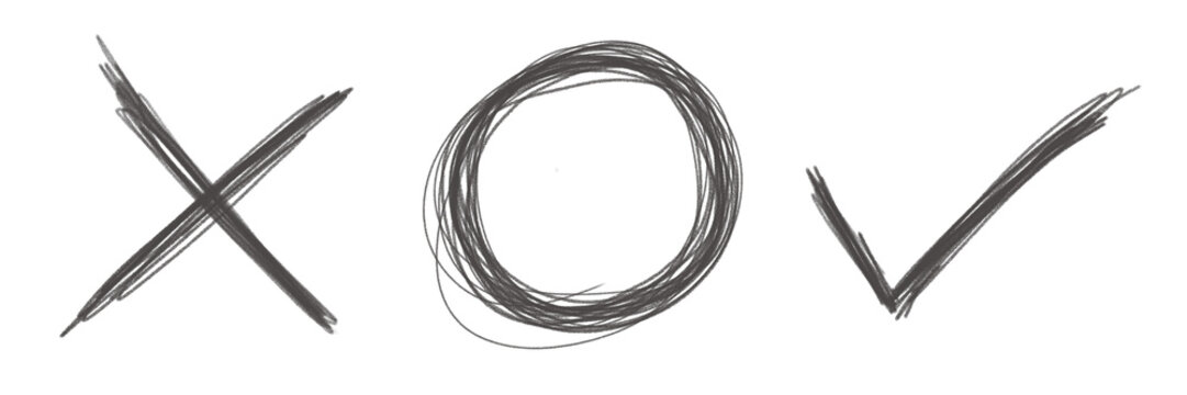 illustration: pencil scribble set of x cross, round cirle and v check mark symbols isolated on white or transparent png