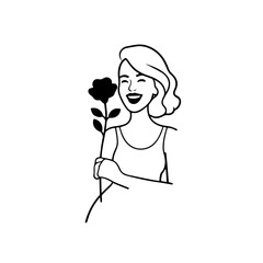 Black and white vector illustration of a beautiful woman holding a flower, minimal clean line art style