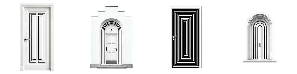 Fototapeta premium Collection of Isolated White Doors with Modern Minimalist Design on White Background