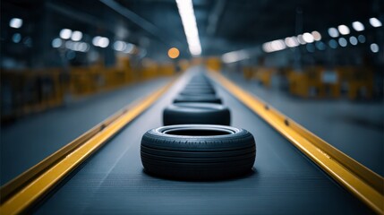 Tires in Transit: A dynamic view showcasing brand new tires rolling along an automated conveyor belt within a modern factory. A symbol of industry and progress.