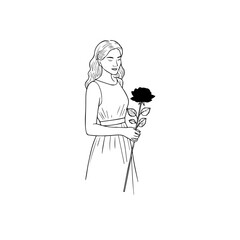 Black and white vector illustration of a beautiful woman holding a flower, minimal clean line art style