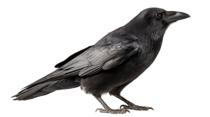 A full shot of a black crow standing against a black background with its head turned to the right