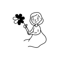 Black and white vector illustration of a beautiful woman holding a flower, minimal clean line art style