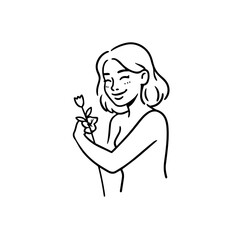 Black and white vector illustration of a beautiful woman holding a flower, minimal clean line art style