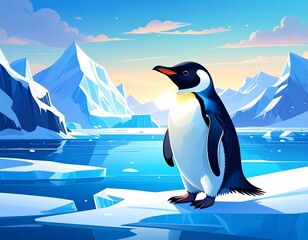 Obraz premium Penguin on ice floes at sunrise