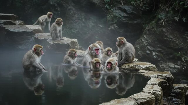 Group of japanese macaques relaxing in a hot spring