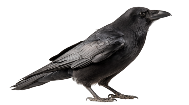 A full shot of a black crow standing against a black background with its head turned to the right