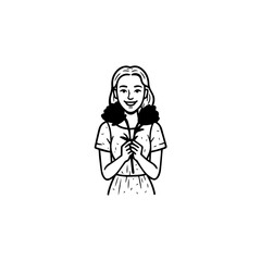 Black and white vector illustration of a beautiful woman holding a flower, minimal clean line art style