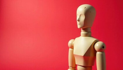 Joyful wooden mannequin, glowing bulb, pastel red background, vibrant, optimistic, pastel