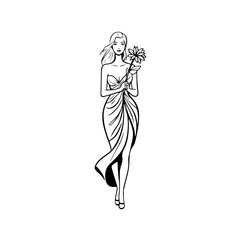 Black and white vector illustration of a beautiful woman holding a flower, minimal clean line art style