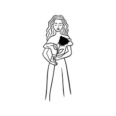 Black and white vector illustration of a beautiful woman holding a flower, minimal clean line art style