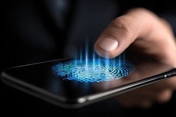Close-up of a hand placing a finger on a phone, biometric fingerprint scan overlay