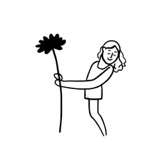 Black and white vector illustration of a beautiful woman holding a flower, minimal clean line art style