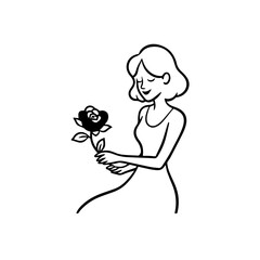 Black and white vector illustration of a beautiful woman holding a flower, minimal clean line art style