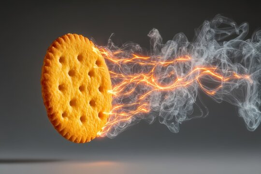 Dynamic cheese cracker illuminated in vibrant colors with energy burst and smoke swirling creating a sense of playful motion and excitement in the culinary art realm