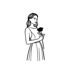 Black and white vector illustration of a beautiful woman holding a flower, minimal clean line art style