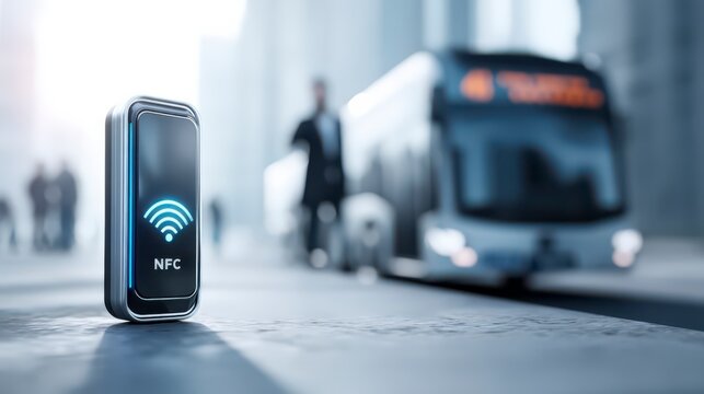NFC Technology in Urban Environment: This image illustrates a close-up of a sleek NFC device with a glowing Wi-Fi symbol, set against the backdrop of a bustling city street with a bus in motion. 
