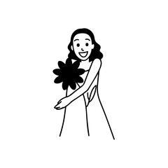 Black and white vector illustration of a beautiful woman holding a flower, minimal clean line art style