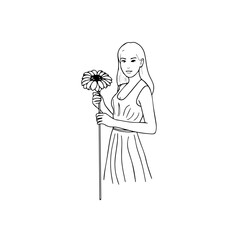 Black and white vector illustration of a beautiful woman holding a flower, minimal clean line art style