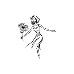 Black and white vector illustration of a beautiful woman holding a flower, minimal clean line art style