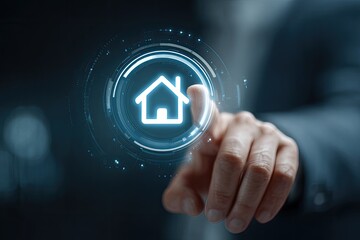 A hand presses a glowing house icon, surrounded by digital interface elements