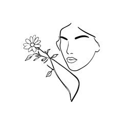 Black and white vector illustration of a beautiful woman holding a flower, minimal clean line art style