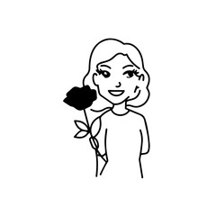 Black and white vector illustration of a beautiful woman holding a flower, minimal clean line art style