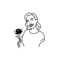 Black and white vector illustration of a beautiful woman holding a flower, minimal clean line art style