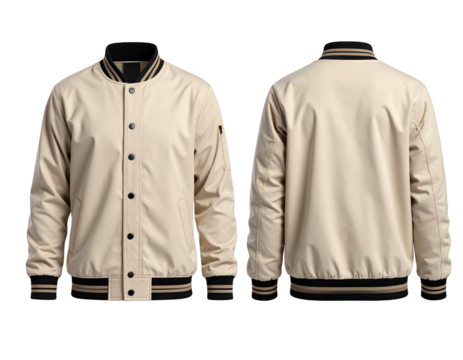 Beige baseball jacket, front and back views