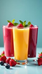 Three colorful smoothies, berry & mint garnish, bright background, website, sweet, blog