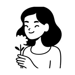 Black and white vector illustration of a beautiful woman holding a flower, minimal clean line art style