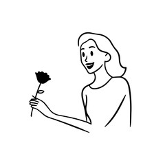 Black and white vector illustration of a beautiful woman holding a flower, minimal clean line art style