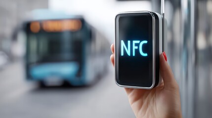 Smart Travel: A person uses NFC technology to pay bus fares. This showcases the convenience of modern transportation technology.