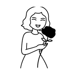 Black and white vector illustration of a beautiful woman holding a flower, minimal clean line art style