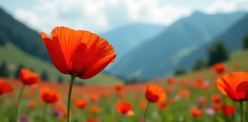 Vibrant poppy in sharp focus, blurred mountains, wildflower, bloom, closeup