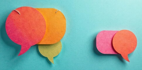 Vibrant paper speech bubbles, layered & overlapping , playful, dialogue, message