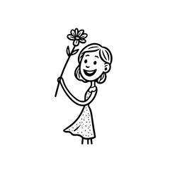 Black and white vector illustration of a beautiful woman holding a flower, minimal clean line art style