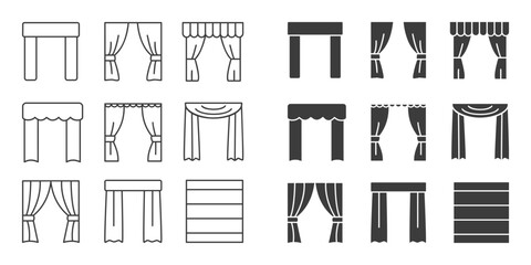 Collection of Curtain and Window Treatment Icons on Light Background Featuring Drapes, Valances, Swags, and Blinds in Outline and Solid Styles