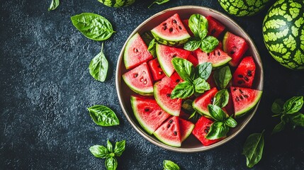 Sliced watermelon and basil leaves in a bowl on dark surface