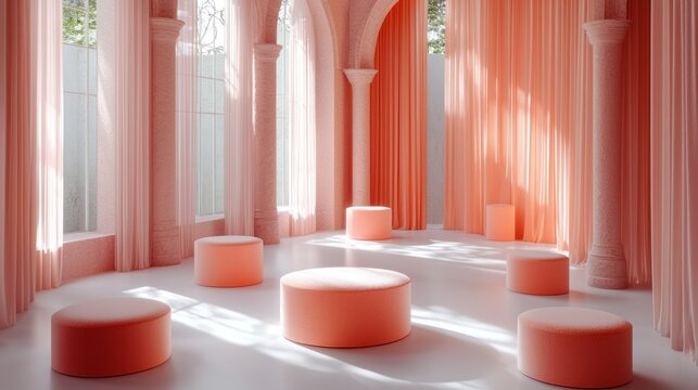 Soft peach interior with columns, arches, and cylindrical seating